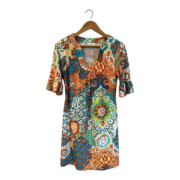 Jude Connally Dress Printed Blue 3/4 Ruffle Sleeve Cruise Shift Small Travel - Picture 1 of 5